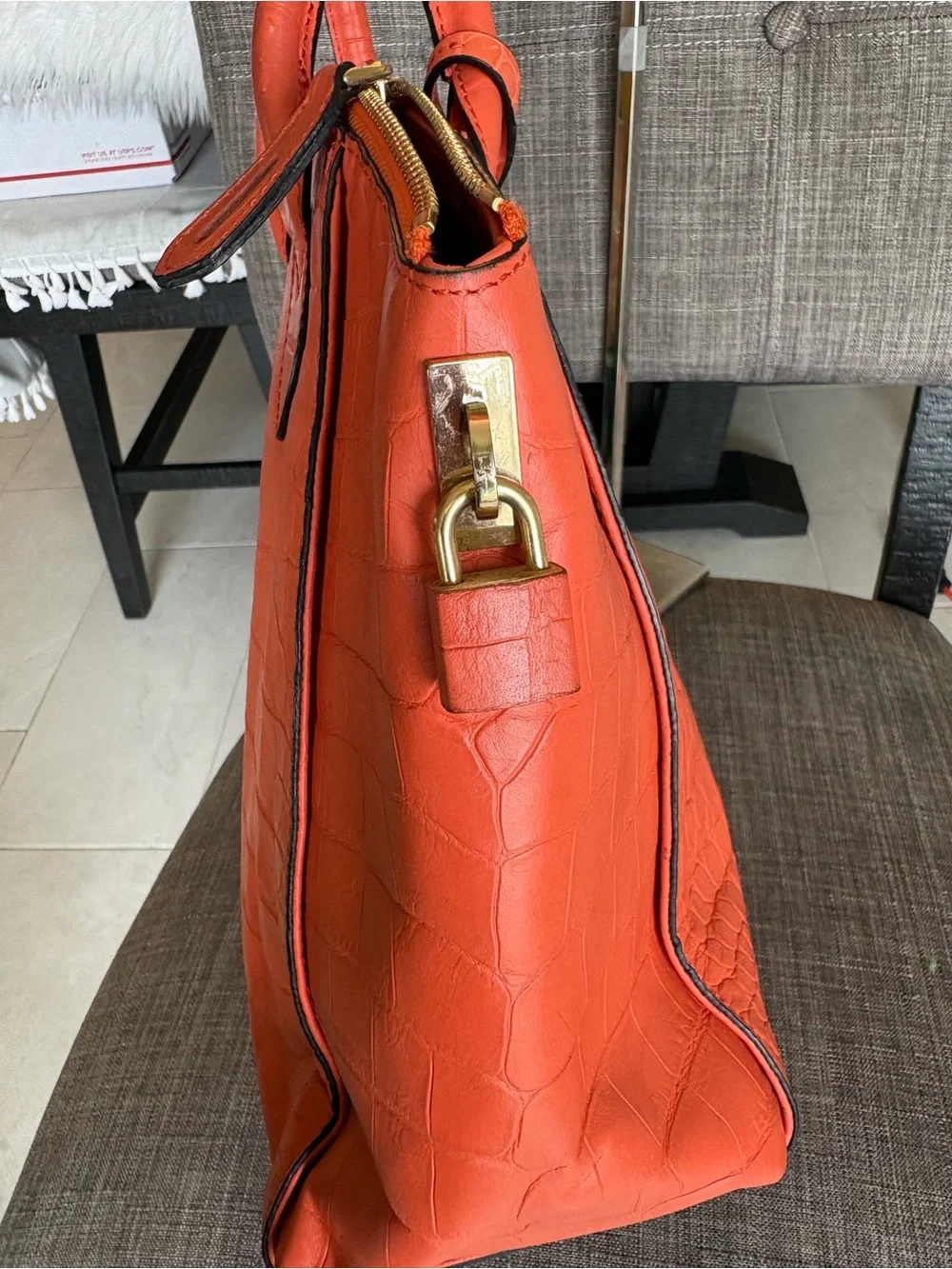 Mcm Orange Croc-Embossed Leather Tote Bag